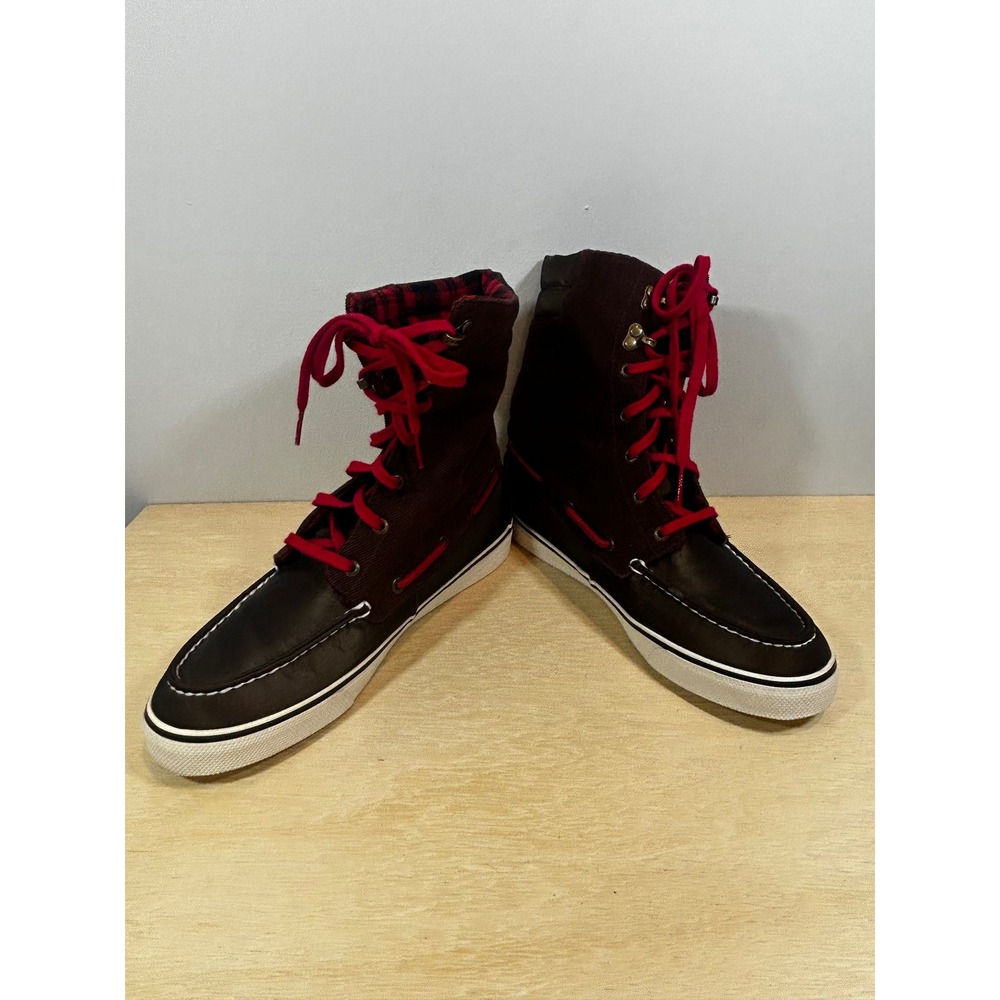 Sperry Top-Sider Womens Sz 9 Brown Corduroy Plaid Lined High Top Boots Red Laces